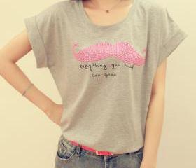 Pink Moustache Nail Bead Loose T-shirt